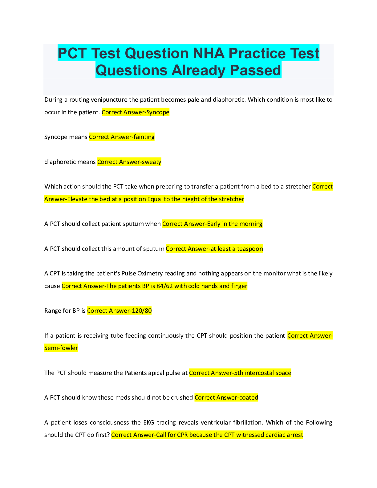PCT Test Question NHA Practice Test Questions Already Passed